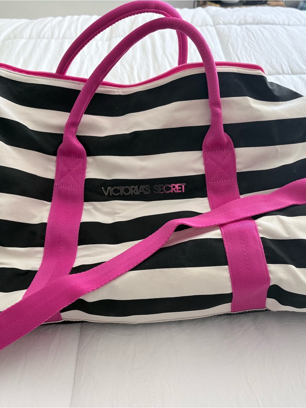 Victoria's Secret Black and White Striped Tote with Hot Pink Handles
